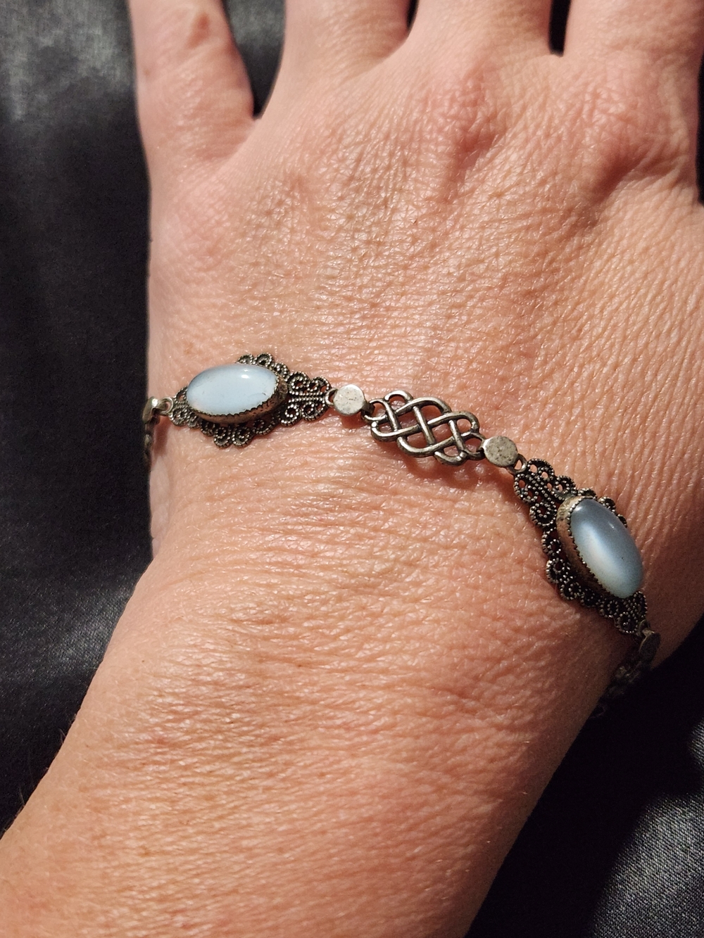 Vintage Beau Silver Filigree Bracelet with Pale Blue Cabochons